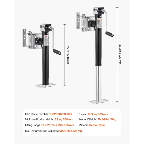 VEVOR 5000 lbs Trailer Jack, Dynamic Load Capacity, Heavy Duty Swivel Bolt-on Trailer Jack, 14.3" Lift Trailer Jack Stand with Handle for RV Trailer,