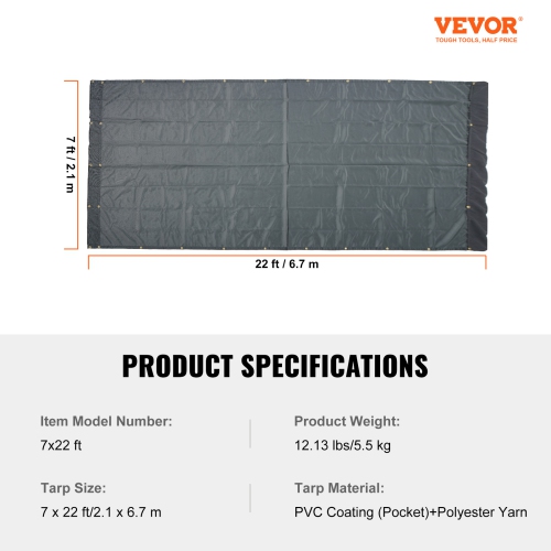 VEVOR 7 x 22 ft Dump Truck Mesh Tarp, PVC Coated Black Heavy Duty Cover with 5.5" 18oz Double Pocket, Brass Grommets,Double Needle Stitch Webbing