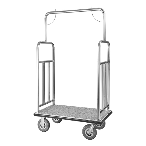 VEVOR Hotel Luggage Cart, 1200 LBS Load Capacity, Brushed Stainless Steel Finish Bellman's Cart, Valet Cart with Grey Carpeted Deck and 8-inch Rubber