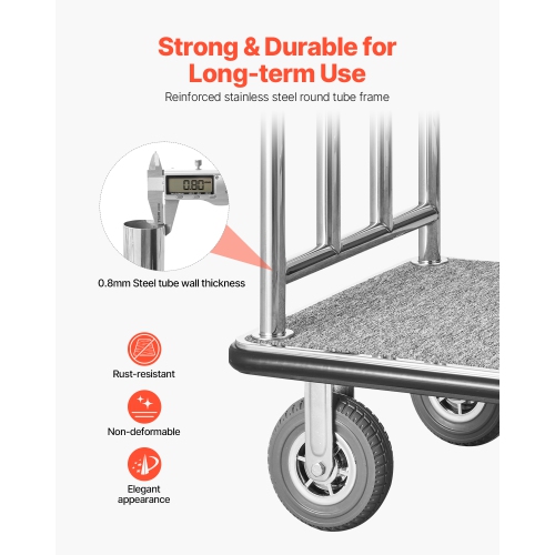 VEVOR Hotel Luggage Cart, 1200 LBS Load Capacity, Brushed Stainless Steel Finish Bellman's Cart, Valet Cart with Grey Carpeted Deck and 8-inch Rubber