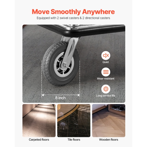 VEVOR Hotel Luggage Cart, 1200 LBS Load Capacity, Brushed Stainless Steel Finish Bellman's Cart, Valet Cart with Grey Carpeted Deck and 8-inch Rubber