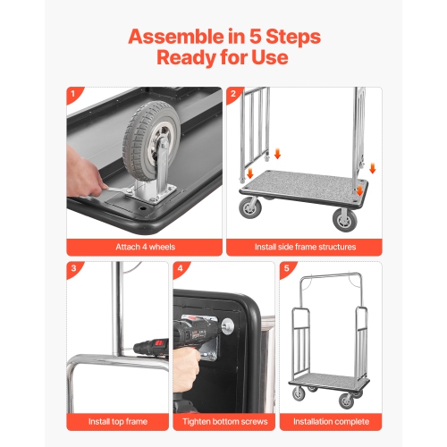 VEVOR Hotel Luggage Cart, 1200 LBS Load Capacity, Brushed Stainless Steel Finish Bellman's Cart, Valet Cart with Grey Carpeted Deck and 8-inch Rubber