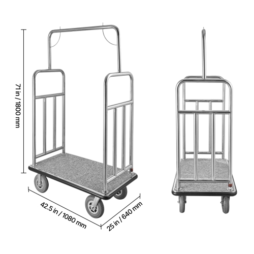 VEVOR Hotel Luggage Cart, 1200 LBS Load Capacity, Brushed Stainless Steel Finish Bellman's Cart, Valet Cart with Grey Carpeted Deck and 8-inch Rubber