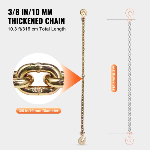 VEVOR 3/8" x 10.3' G80 Transport Binder Chain, Tow Chain with Clevis Grab Hooks, 7100 lbs Safe Working Load, Heavy Duty Trailer Logging Chain for