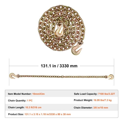 VEVOR 3/8" x 10.3' G80 Transport Binder Chain, Tow Chain with Clevis Grab Hooks, 7100 lbs Safe Working Load, Heavy Duty Trailer Logging Chain for