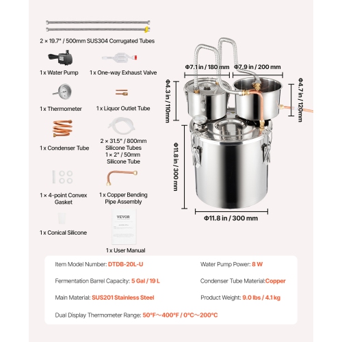 VEVOR 5 Gal / 19 L Alcohol Still, Stainless Steel Water Alcohol Distiller with Copper Coil for Fast Cooling, Dual Condenser Distiller Kit with