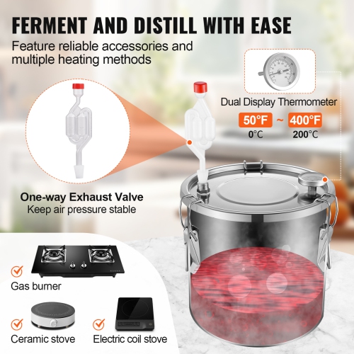 VEVOR 3 Gal / 11.4 L Alcohol Still, Stainless Steel Water Alcohol Distiller with Coil Cooling, Home Brewing Refining Fermentation Kit with Dual