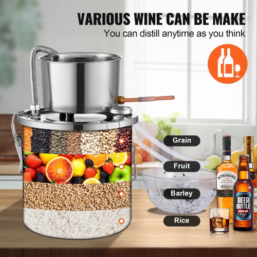 VEVOR 3 Gal / 11.4 L Alcohol Still, Stainless Steel Water Alcohol Distiller with Coil Cooling, Home Brewing Refining Fermentation Kit with Dual