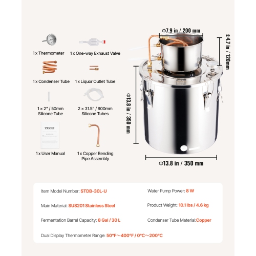 VEVOR 8 gal/30&nbsp;L Alcohol still, distillant d'alcool d'eau en acier inoxydable avec bobine en cuivre, Kit de fermentation de brassage à domicile