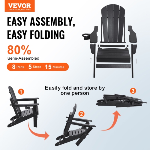 VEVOR Set of 2 Adirondack Chair Plastic, All-Weather Portable Folding Fire Pit Chair, Outdoor Adirondack Patio Chair with Cup Holder, with Relaxing