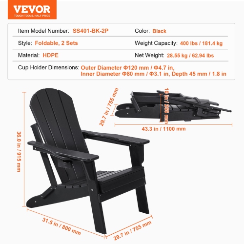 VEVOR Set of 2 Adirondack Chair Plastic, All-Weather Portable Folding Fire Pit Chair, Outdoor Adirondack Patio Chair with Cup Holder, with Relaxing