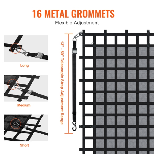 Filet d'arrimage VEVOR de 120 x 105&nbsp;po, filet d'arrimage robuste pour caisse de camion, 4 sangles réglables avec mousquetons et crochets en S,