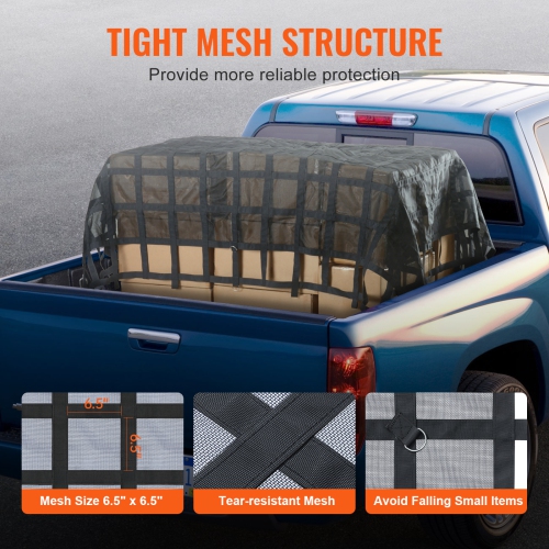 Filet d'arrimage VEVOR de 120 x 105&nbsp;po, filet d'arrimage robuste pour caisse de camion, 4 sangles réglables avec mousquetons et crochets en S,