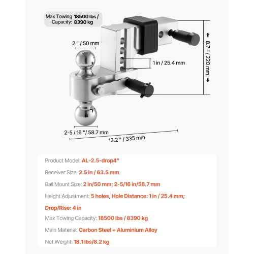 VEVOR 4-Inch Adjustable Trailer Hitch, Drop Hitch Ball Mount, Fit 2.5-Inch Receiver, Heavy Duty Aluminum Alloy Tow Hitch with 2" & 2-5/16" Balls,
