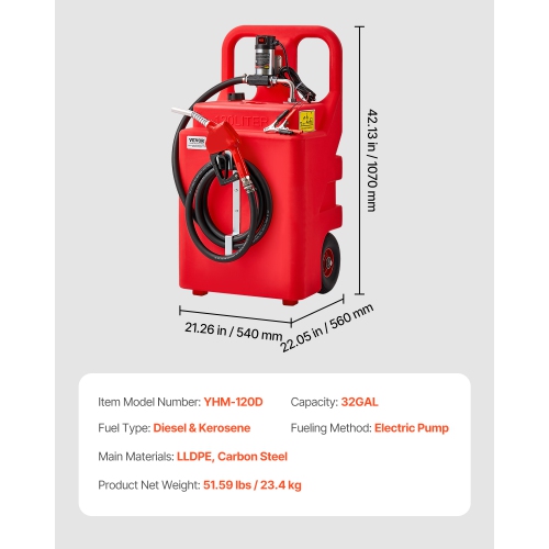 VEVOR 32 Gallon Fuel Caddy, Portable Fuel Tank with 12V DC 10GPM Electric Fuel Transfer Pump, 13 ft Delivery Hose & Self-sealing Nozzle, Gas Caddy