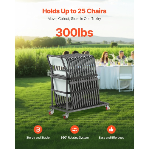 VEVOR 300 LBS Capacity Folding Chair Rack, L-shape Vertical Placement Chair Cart for 25 Chairs, Heavy-duty Metal Chair Storage Dolly with Rubber
