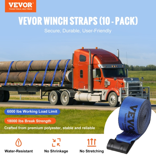 VEVOR 4" x 30' Winch Straps, 6000 lbs Load Capacity, 18000 lbs Breaking Strength, Truck Straps with Flat Hook, Flatbed Tie Downs Cargo Control for