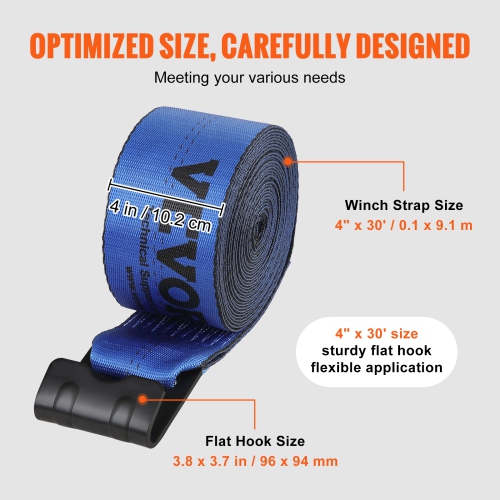 VEVOR 4" x 30' Winch Straps, 6000 lbs Load Capacity, 18000 lbs Breaking Strength, Truck Straps with Flat Hook, Flatbed Tie Downs Cargo Control for