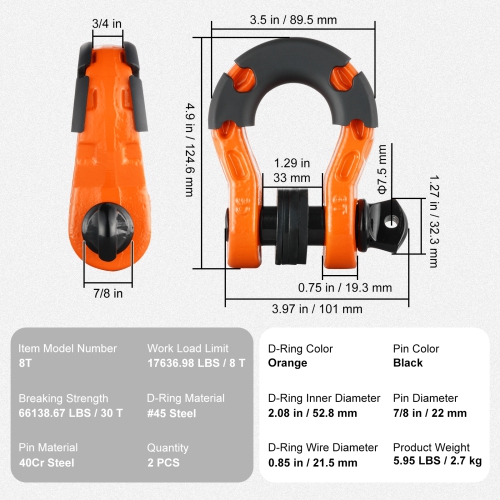 VEVOR 3/4" D-Ring Shackle, 2 Pack Alloy Steel Shackles 66139 lbs Break Strength with 7/8" Screw Pin, Isolators & Washers, Heavy Duty Off Road Vehicle