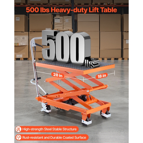 VEVOR 47.2" Hydraulic Lift Table, 500 lbs Capacity, Lifting Height, Double Scissor Lift Table Cart with 4 Wheels and Non-slip Pad, Manual Hydraulic