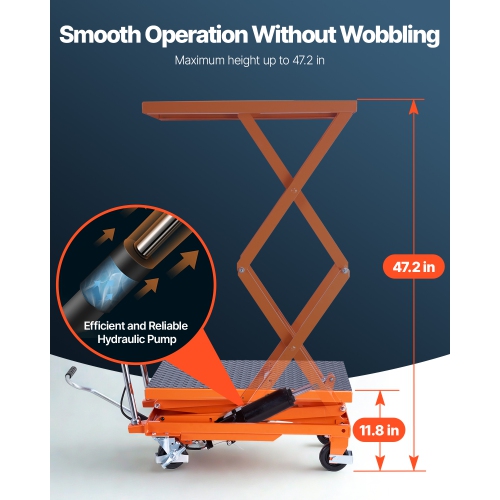 VEVOR 47.2" Hydraulic Lift Table, 500 lbs Capacity, Lifting Height, Double Scissor Lift Table Cart with 4 Wheels and Non-slip Pad, Manual Hydraulic