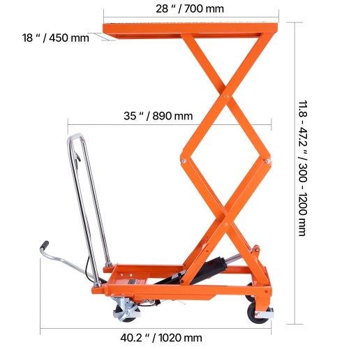 VEVOR 47.2" Hydraulic Lift Table, 500 lbs Capacity, Lifting Height, Double Scissor Lift Table Cart with 4 Wheels and Non-slip Pad, Manual Hydraulic