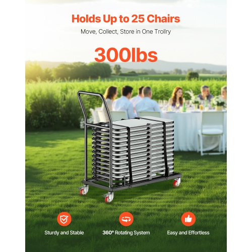 VEVOR 300 LBS Capacity Folding Chair Rack L-shape Horizontal Placement Chair Cart for 25 Chairs, Heavy-duty Metal Chair Storage Dolly with Rubber