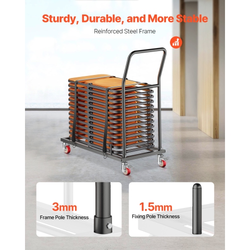 VEVOR 300 LBS Capacity Folding Chair Rack L-shape Horizontal Placement Chair Cart for 25 Chairs, Heavy-duty Metal Chair Storage Dolly with Rubber