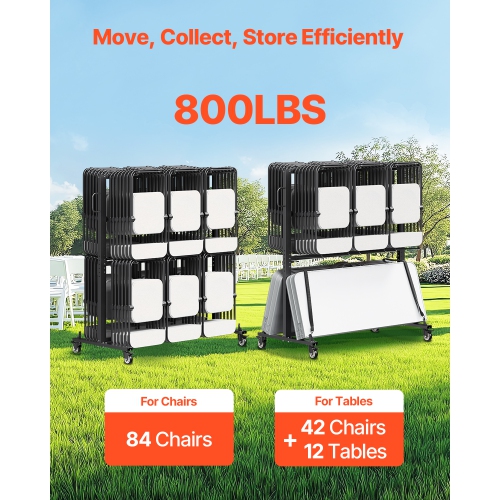 VEVOR 800 LBS Capacity Folding Chair Rack, Heavy-duty Chair Cart for 84 Chairs/ 12 Tables+42 Chairs, Dual-layer Chair Storage Dolly with Rubber