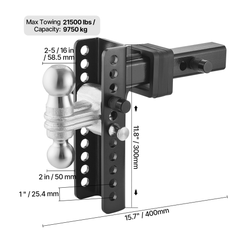 VEVOR 8-Inch Adjustable Trailer Hitch, Drop Hitch Ball Mount, Fit 2" Receiver, Heavy Duty Trailer Tow Hitch with 2" & 2-5/16"Balls, 21500 lbs GTW,