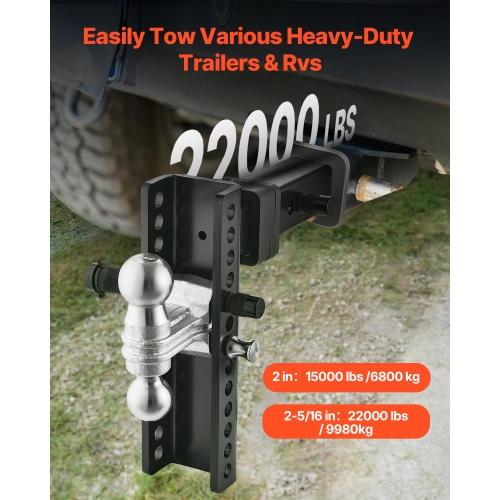 VEVOR 10" Adjustable Trailer Hitch, Drop Hitch Ball Mount, Fit 2.5" Receiver, Heavy Duty Trailer Tow Hitch with 2" & 2-5/16"Balls, 22000 lbs GTW,
