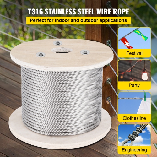 VEVOR 316 Stainless Steel Cable, 500FT Stainless Steel Wire Rope of 5/32 Inch Diameter and 1x19 Construction, 3300 LBS Breaking Strength Steel Cable