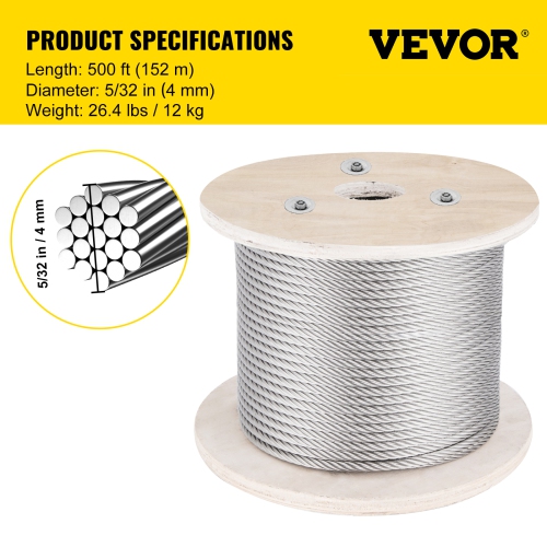VEVOR 316 Stainless Steel Cable, 500FT Stainless Steel Wire Rope of 5/32 Inch Diameter and 1x19 Construction, 3300 LBS Breaking Strength Steel Cable