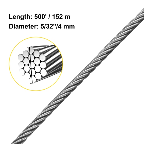 VEVOR 316 Stainless Steel Cable, 500FT Stainless Steel Wire Rope of 5/32 Inch Diameter and 1x19 Construction, 3300 LBS Breaking Strength Steel Cable