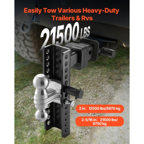 VEVOR 10-Inch Adjustable Trailer Hitch, Drop Hitch Ball Mount, Fit 2" Receiver, Heavy Duty Trailer Tow Hitch with 2" & 2-5/16"Balls, 21500 lbs GTW,