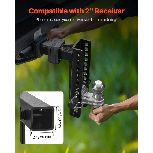 VEVOR 10-Inch Adjustable Trailer Hitch, Drop Hitch Ball Mount, Fit 2" Receiver, Heavy Duty Trailer Tow Hitch with 2" & 2-5/16"Balls, 21500 lbs GTW,