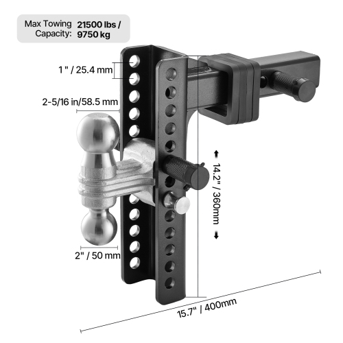 VEVOR 10-Inch Adjustable Trailer Hitch, Drop Hitch Ball Mount, Fit 2" Receiver, Heavy Duty Trailer Tow Hitch with 2" & 2-5/16"Balls, 21500 lbs GTW,