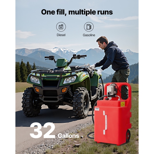 VEVOR 32 Gallon Fuel Caddy, Portable Fuel Tank with 12V DC 15 GPM Electric Fuel Transfer Pump, 13 ft Delivery Hose & Aluminum Alloy Manual Nozzle,