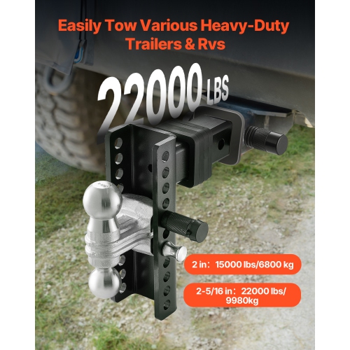 VEVOR 8" Adjustable Trailer Hitch, Drop Hitch Ball Mount, Fit 2.5" Receiver, Heavy Duty Trailer Tow Hitch with 2" & 2-5/16"Balls, 22000 lbs GTW,