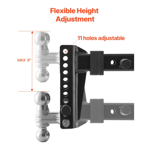 VEVOR 8" Adjustable Trailer Hitch, Drop Hitch Ball Mount, Fit 2.5" Receiver, Heavy Duty Trailer Tow Hitch with 2" & 2-5/16"Balls, 22000 lbs GTW,
