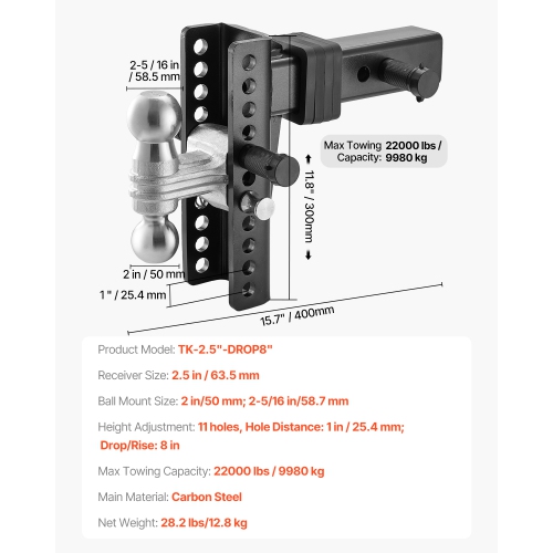 VEVOR 8" Adjustable Trailer Hitch, Drop Hitch Ball Mount, Fit 2.5" Receiver, Heavy Duty Trailer Tow Hitch with 2" & 2-5/16"Balls, 22000 lbs GTW,