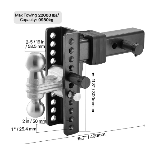 VEVOR 8" Adjustable Trailer Hitch, Drop Hitch Ball Mount, Fit 2.5" Receiver, Heavy Duty Trailer Tow Hitch with 2" & 2-5/16"Balls, 22000 lbs GTW,