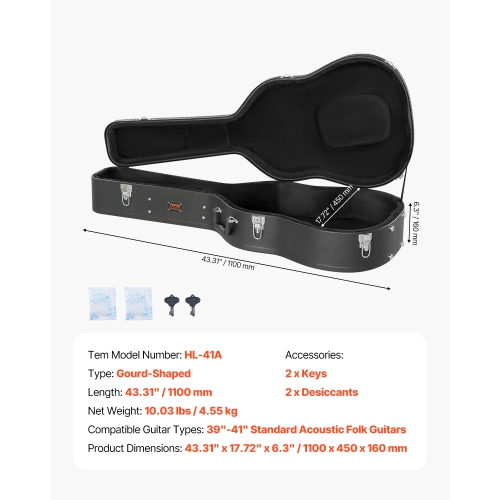 Étui rigide pour guitare acoustique VEVOR de 43,31&nbsp;po, forme gourde, poignée à verrou, étui rigide à doublure souple résistant à l'eau, pour