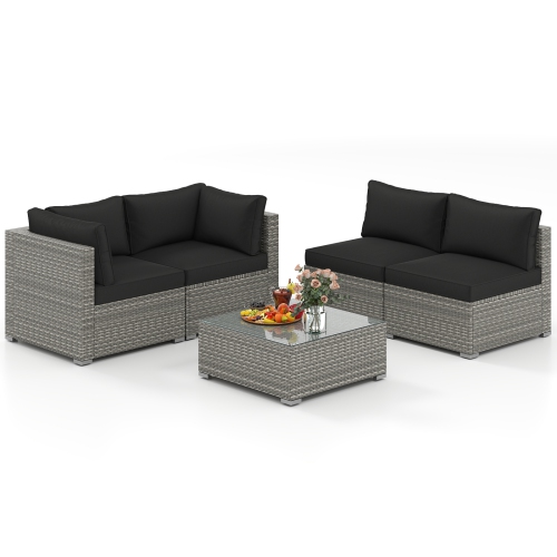 GYMAX  5PCs Patio Sectional Sofa Couch Pe Rattan Conversation Set Outdoor