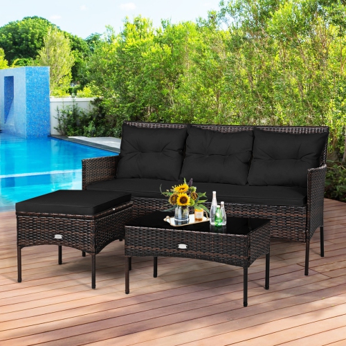 Gymax Set of 3 3-Seat Sofa Cushioned Table Rattan Furniture Set Garden Patio