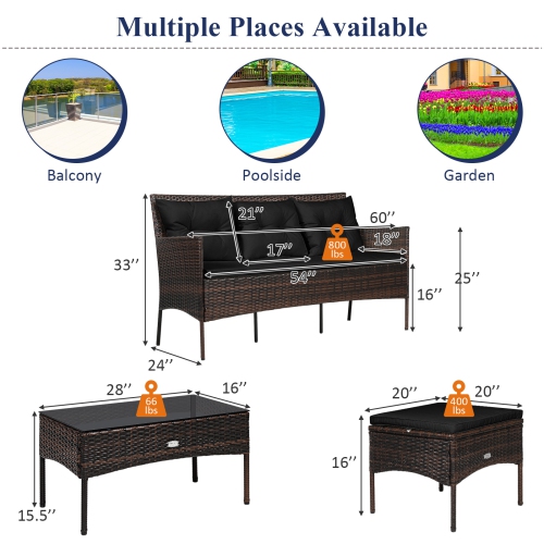 Gymax Set of 3 3-Seat Sofa Cushioned Table Rattan Furniture Set Garden Patio