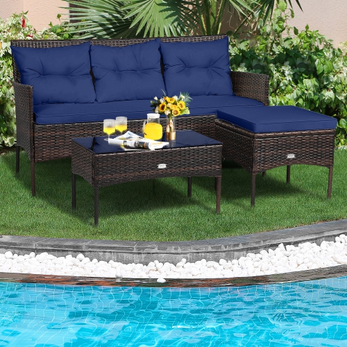 Gymax Set of 3 3-Seat Sofa Cushioned Table Rattan Furniture Set Garden Patio