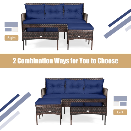 Gymax Set of 3 3-Seat Sofa Cushioned Table Rattan Furniture Set Garden Patio