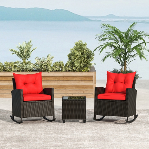 GYMAX  Set Of 3 Wicker Rocking Set W/ Tempered Glass Table Patio Outdoor