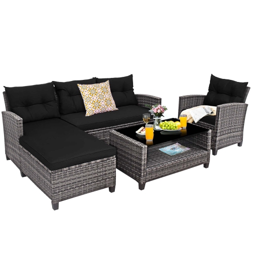 GYMAX  Set Of 4 Rattan Furniture Set Sofa Ottoman Cushion Garden Deck Patio In Black